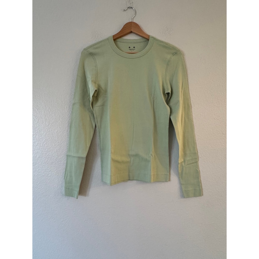 Three Dots Long Sleeve Crew Neck Tee Sage Green Ribbed Cotton Blend Size S Good